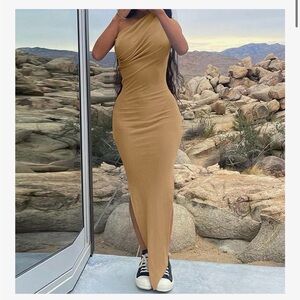 Women's👩🏻Sexy One Shoulder Sleeveless High Split Ribbed Bodycon Dresse👗Sz XL